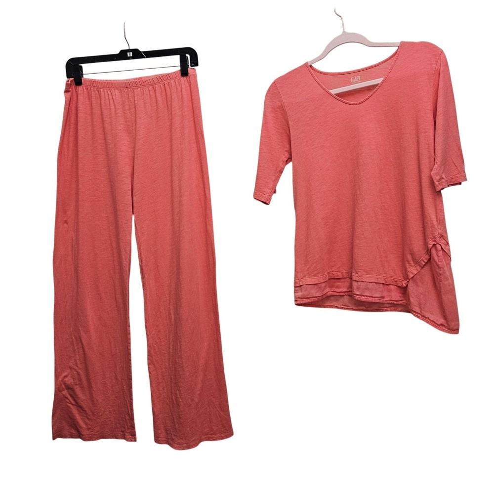 Eileen Fisher Pajama Set Womens XS Coral Pima Cotton Silk Trim Lounge Wide Leg